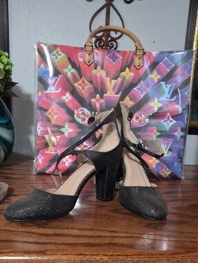 Glitter Black T-Strap Block Heel Pumps